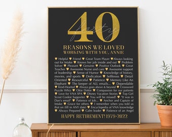 May include: A black and gold poster with the text "40 Reasons We Loved Working With You, Annie" and a list of reasons in gold text. The poster is a retirement gift for a coworker.