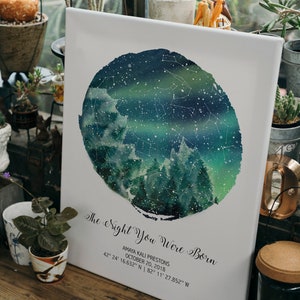 Northern Lights Print, Christmas Gift, Newly Wed Christmas Gift, Couple Gift, Custom Constellation Map, Wedding Gift, Custom Sky Map,