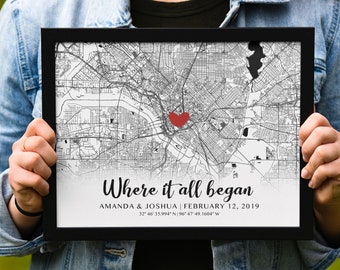 Custom Map Location Print, Engagement Gift, Framed