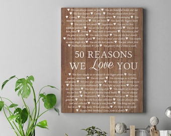 50 Reasons We Love You Canvas Print, Custom Birthday Gift