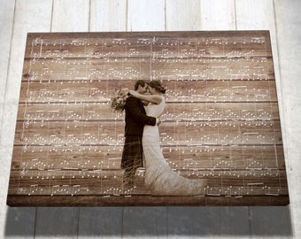 Wood Anniversary gift for him, Wood Anniversary 5th Anniversary Wedding song music sheet Anniversary gift Music sheet art Music notes canvas