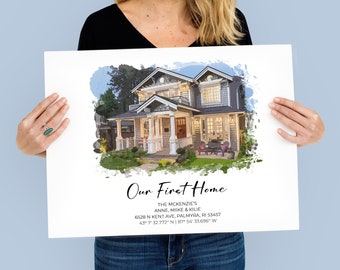Custom Watercolor House Portrait, First Home Gift