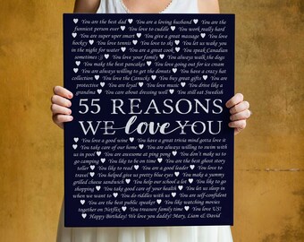 May include: A navy blue canvas print with white text listing 55 reasons "We Love You." The print is held by a person. The text includes phrases like "You are the best dad" and "Happy Birthday!"