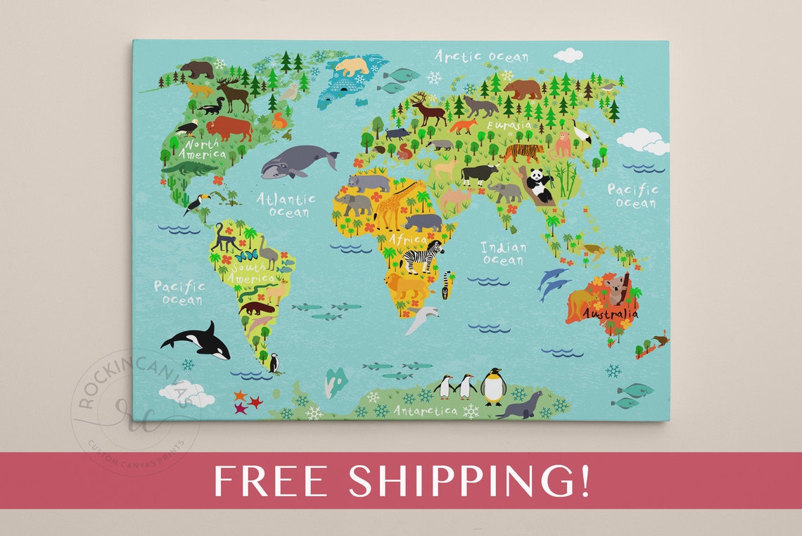Nursery Wall Art Map of the World Canvas Print FREE SHIPPING Etsy