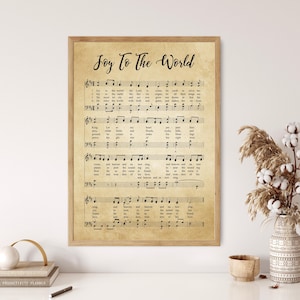 May include: A vintage-style printable featuring the lyrics to the Christmas carol "Joy to the World". The lyrics are printed in black ink on a cream-colored background with musical notation.