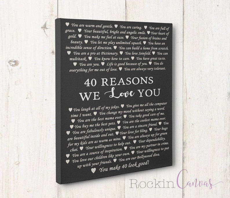 May include: A black canvas print with white text that reads "40 Reasons We Love You" and lists 40 reasons why someone is loved. The text is in a heart shape.