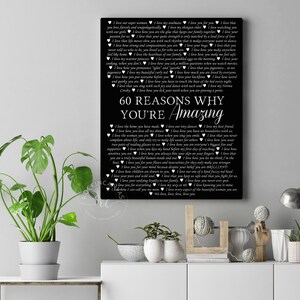 May include: Black and white printable art print with the text "60 Reasons Why You're Amazing" and a list of reasons why someone is amazing. The print is framed and hanging on a wall.