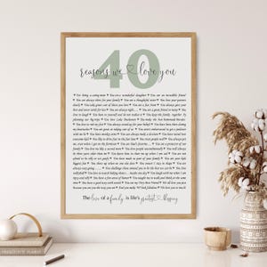 May include: A framed print with a white background and black text. The text reads "40 reasons we love you" and lists 40 reasons why someone is loved. The print is decorated with a green heart.