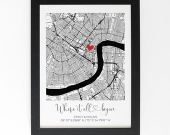 Custom Map Location Print, First Anniversary Gift, Framed Paper