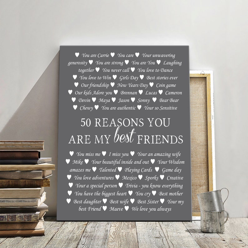 May include: A gray canvas print with white text and hearts that reads "50 Reasons You Are My Best Friends". The text lists reasons why someone is a great friend, including personal qualities, shared experiences, and inside jokes.