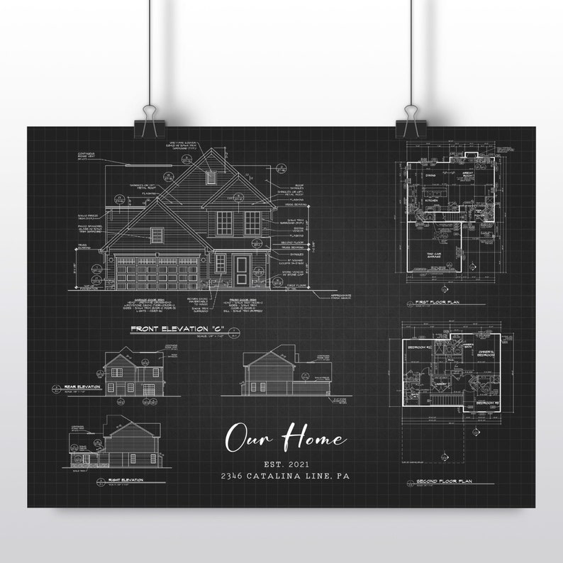 Custom Blueprint House Poster, Custom Digital Floor Plan, Custom Home Portrait, Realtor Closing Gift, Blueprint Floor Plan Housewarming gift image 1