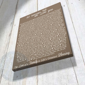 May include: A brown canvas print with white text that reads "60 reasons we love you". The text is surrounded by small hearts and includes a list of reasons. The bottom of the print reads "The love of a family is life's greatest blessing."