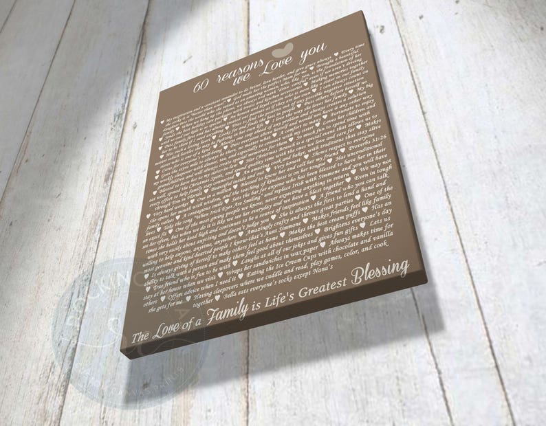May include: A brown canvas print with white text that reads "60 reasons we love you". The text is surrounded by small hearts and includes a list of reasons. The bottom of the print reads "The love of a family is life's greatest blessing."