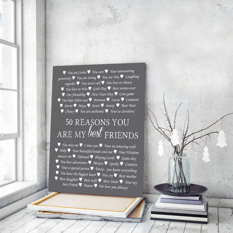 May include: A gray canvas print with white text listing 50 reasons why someone is a best friend. The text includes names, activities, and qualities. The print is framed and hanging on a wall.