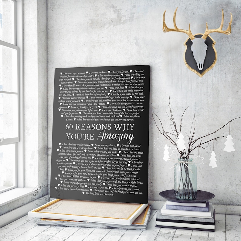May include: A black and white poster with the text "60 Reasons Why You're Amazing" and a list of reasons why someone is amazing. The poster is decorated with small hearts.