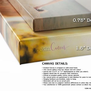 May include: Two wrapped canvas prints, one 0.75 inches deep and the other 1.5 inches deep, are displayed. The canvases have vibrant colors and are wrapped on solid wood frames. The text "Rockin Canvas" is visible, along with details about the canvas.