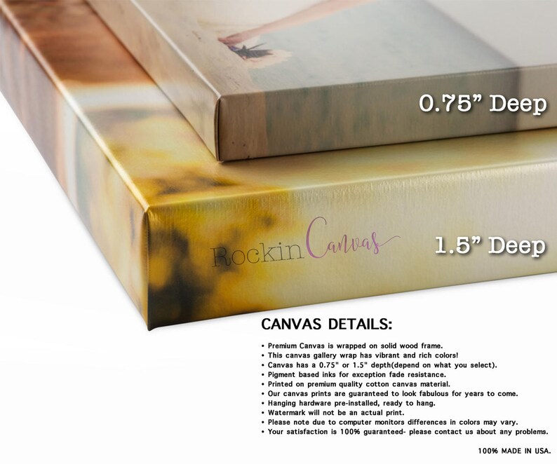 May include: Two wrapped canvas prints, one 0.75 inches deep and the other 1.5 inches deep, are displayed. The canvases have vibrant colors and are wrapped on solid wood frames. The text "Rockin Canvas" is visible, along with details about the canvas.