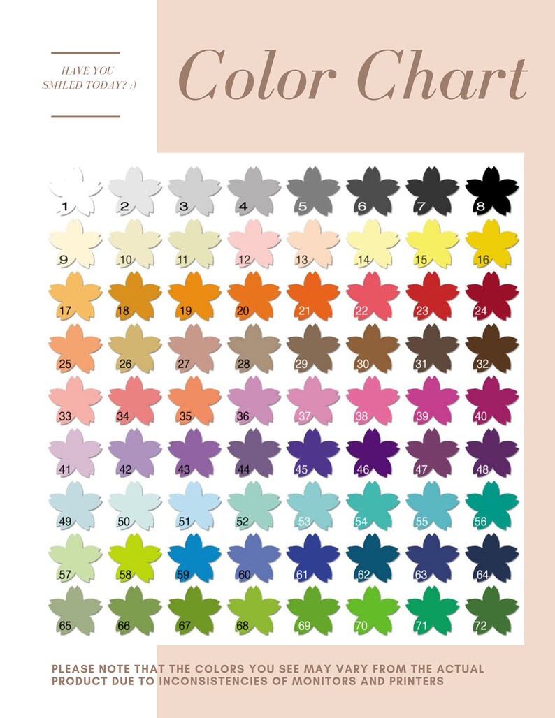 May include: Color chart with 72 different colors displayed in a grid of 8 columns and 9 rows. Each color is represented by a stylized cherry blossom flower. The colors range from white to black, with shades of pink, red, orange, yellow, green, blue, and purple.