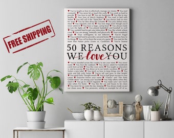 50 Reasons We Love You Canvas Print, Custom Birthday Gift