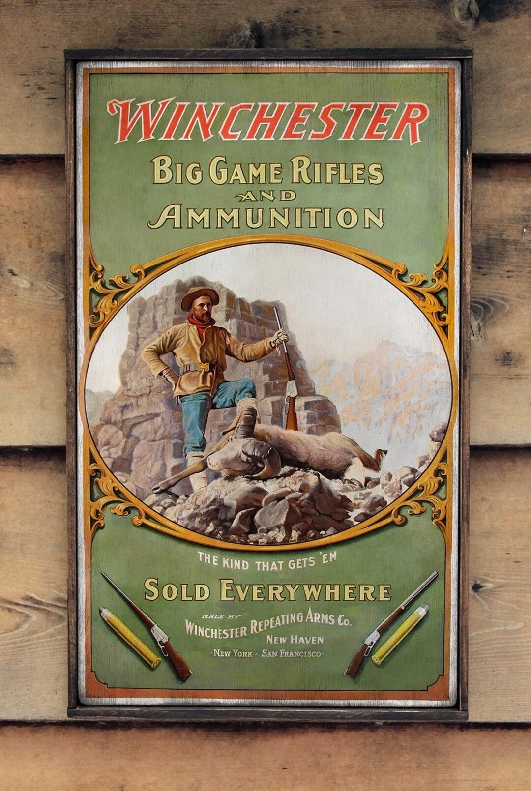 Large Reproduction Signs Distressed Wooden Reproduction Sign ' Winchester Big Game Rifle ...