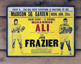 Distressed wooden sign ' Muhammad Ali vs Joe Frazier ' Madison Square Garden Reproduction- U.S. Duty Free!!