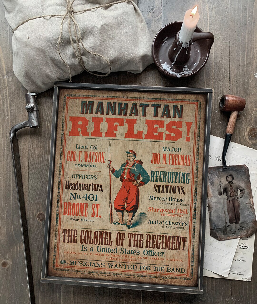 Clinton Rifles Antique Sign Wooden Sign ' Manhattan Rifles! ' American Civil War Sign (reproduction ...