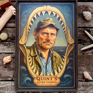 Letrero de madera envejecida: retrato "Quint's Shark Fishing": diseño original de arte basado en fanáticos, ¡libre de impuestos en EE. UU.!