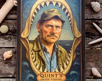 Distressed wood sign - 'Quint's Shark Fishing' Portrait - Fan based art original design- U.S. Duty Free!!