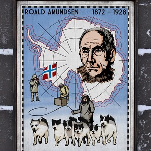 Distressed wooden sign &#39; Roald Amundsen South Pole &#39; reproduction design concept.