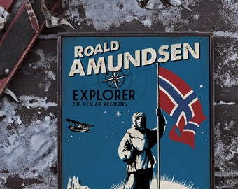 Vintage wooden sign ' Roald Amundsen Explorer ' reproduction design concept.