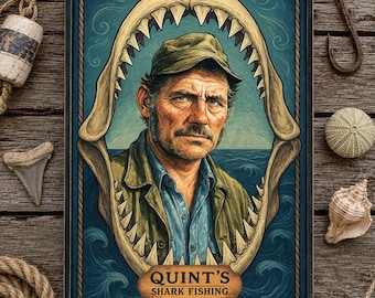 Distressed wood sign - ' Quint's Shark Fishing ' Portrait - Fan based art original design