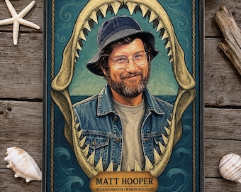Distressed wood sign - ' Matt Hooper - Oceanographer/Marine Biologist ' Portrait - Fan based art original design