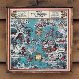 May include: A vintage-style map of the fictional world from the movie "The Princess Bride." The map is printed on paper and framed in a wooden frame. The map features a blue ocean, green land, and brown mountains. The map is titled "The Princess Bride" and includes the text "S. Morgenstern's of true love and high adventure!" and "The good parts version abridged by William Goldman."