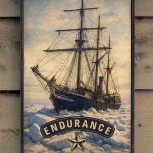 May include: A framed print depicting the ship Endurance navigating icy waters. The vessel, with its dark blue hull and complex rigging, is set against a cloudy sky. The word "ENDURANCE" is displayed below the ship, with a star.