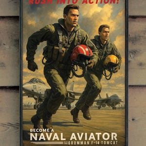 Puede incluir: Un póster vintage enmarcado con el texto "RUSH INTO ACTION!" y "BECOME A NAVAL AVIATOR". La imagen muestra a dos aviadores corriendo hacia el espectador, sosteniendo cascos, con aviones de combate en el fondo.