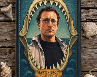 Distressed wood sign - ' Martin Brody - Police Chief ' Portrait - Fan based art original design