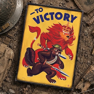 Letrero de madera envejecida "¡A LA VICTORIA! Canadá". Letrero de propaganda de la Segunda Guerra Mundial. (Reproducción) - ¡Libre de impuestos en EE. UU.!