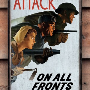 Distressed wooden sign &#39;Attack On All Fronts&#39;. (Reproduction)- U.S. Duty Free!!