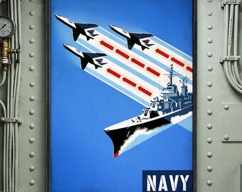Handmade Distressed wooden sign ' Jets Flying Over Destroyer - NAVY '. US Navy Reproduction