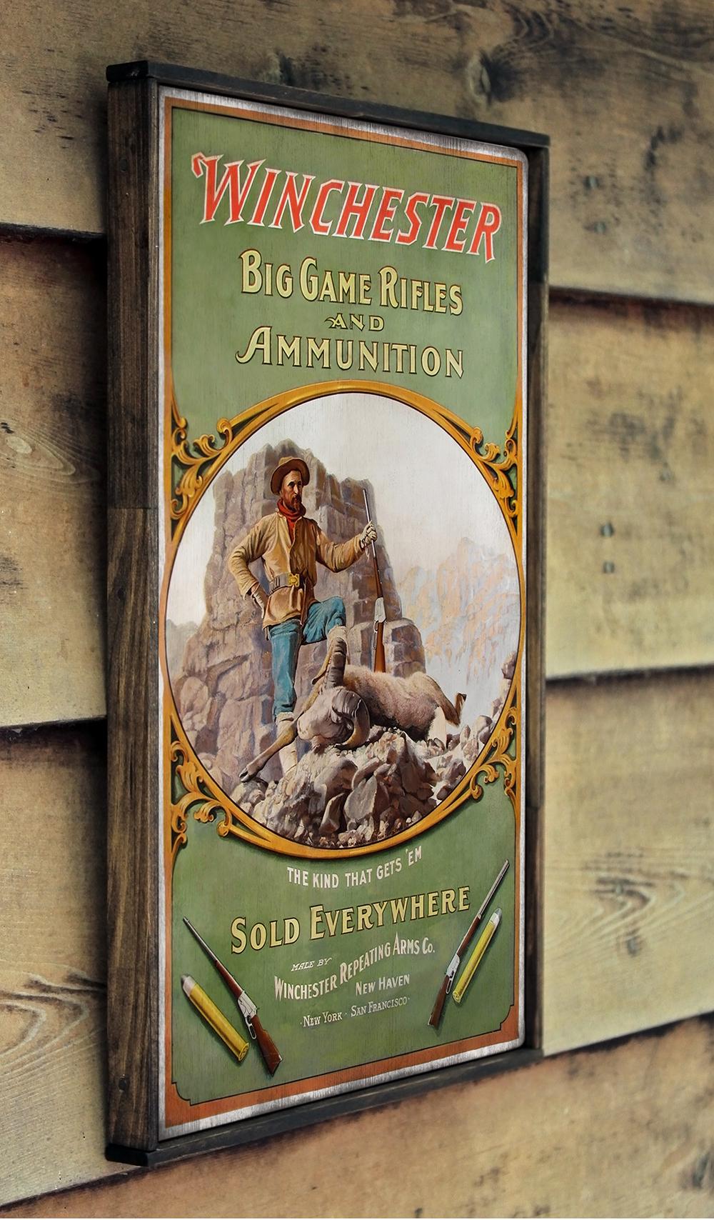 Large Reproduction Signs Distressed Wooden Reproduction Sign ' Winchester Big Game Rifle ...