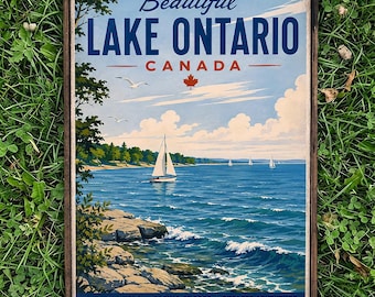 ¡NUEVO! Letrero de madera envejecida "Lago Ontario - Grandes Lagos - Canadá". Diseño turístico retro original.