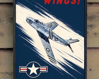 Distressed wooden sign ' Earn Your Wings! '. Vintage style US Air Force Recruitment concept- U.S. Duty Free!!