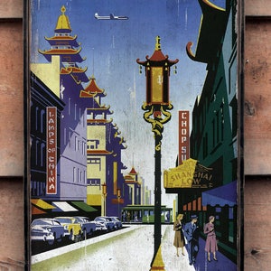 Vintage wooden sign 'Fly United Airlines - San Francisco China Town' Reproduction concept