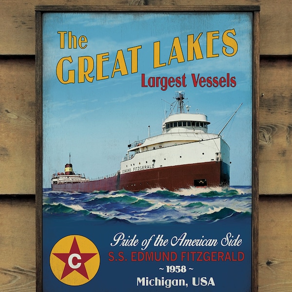 Handmade wooden sign - Mighty Fitz / Great Lakes - Largest Vessels collection- U.S. Duty Free!!