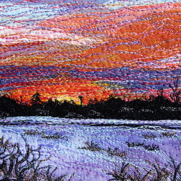 Quilted Art Postcard, Sunset, Nature, Winter, Landscape Quilt, Mini Art Quilt, Textile Collage, Original Artwork, Unframed Art, Fiber Art