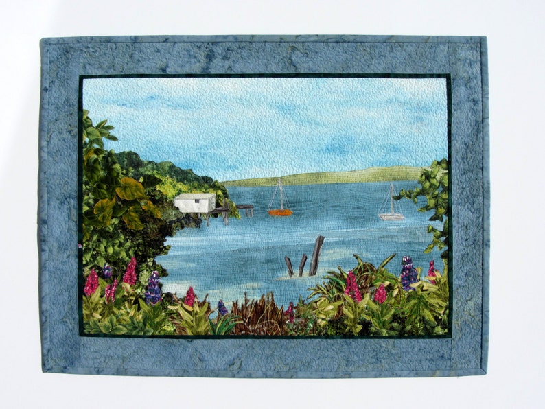 Landscape Quilt Wall Hanging Nautical Art Quilttextile Collage Wall Art Original Fabric Art Sailboat Boathouse Original Home Decor - 