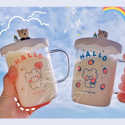 Kawaii Cute Cartoon Coffee Mug With Lid Tumbler Drink Bottle Etsy