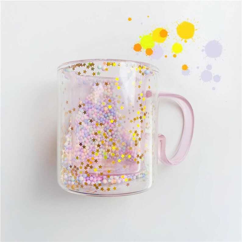 Colorful Confetti Glitter Glass Double Wall Coffee Mug Cup Etsy