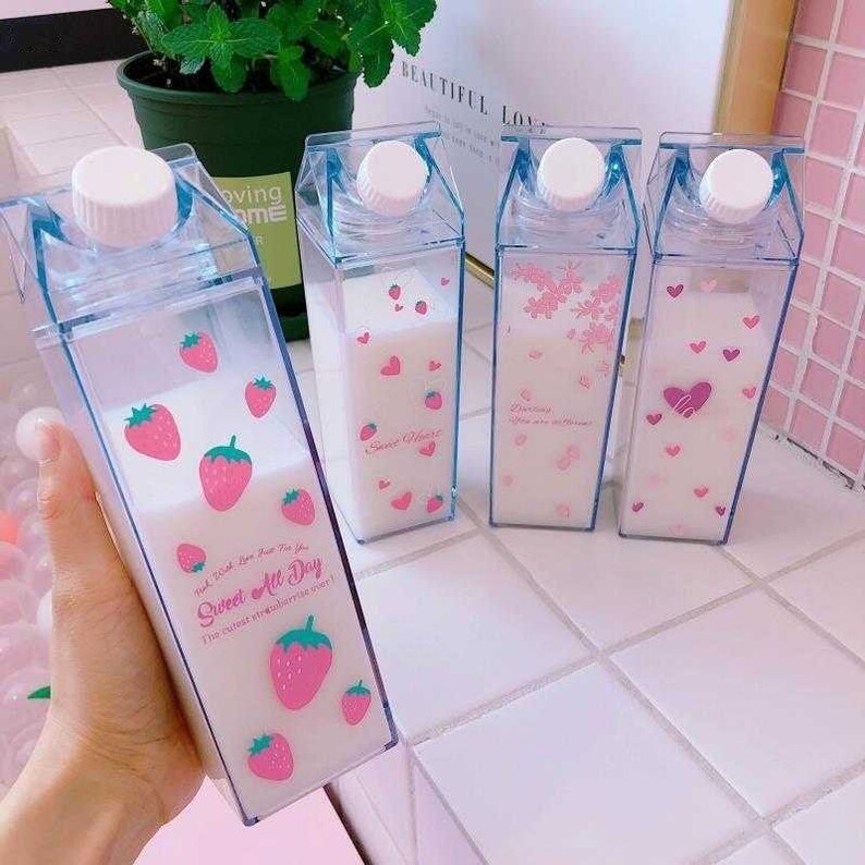 Kawaii Cute Strawberry Milk Carton Transparent Drink Bottle Etsy