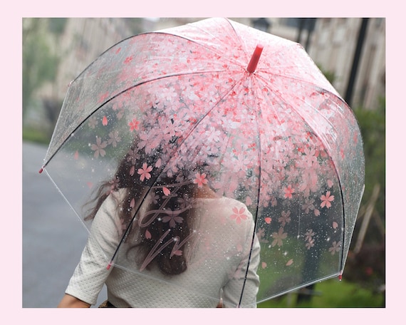 Pink Cherry Blossom Bubble Umbrella - Auto-Open Clear Dome For Girls (35" Coverage)